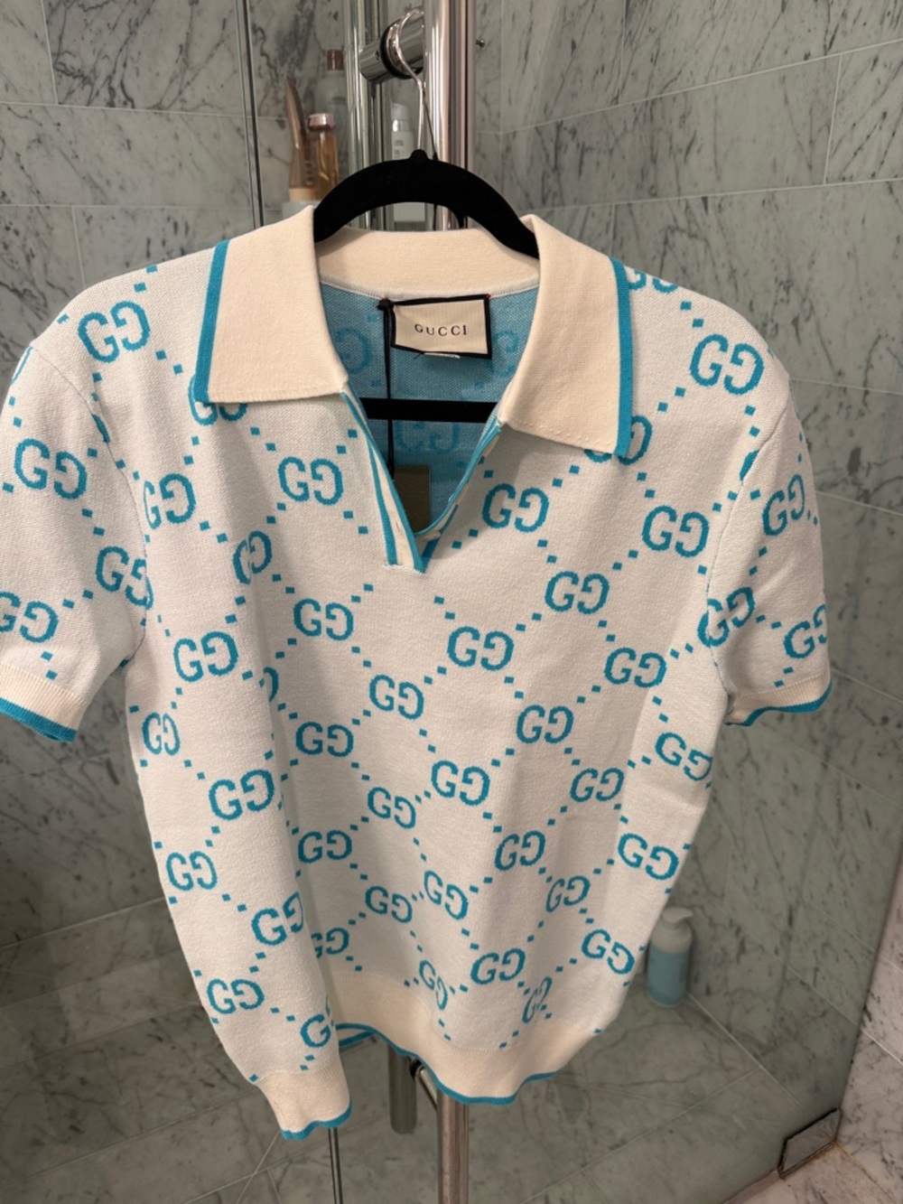Gucci Cream & Turquoise GG Knit Polo